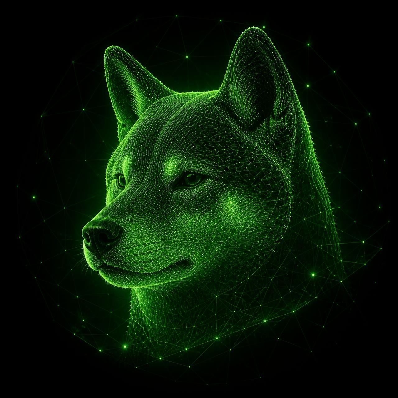 Digital Kitsu rendered as a glowing green wireframe Inu